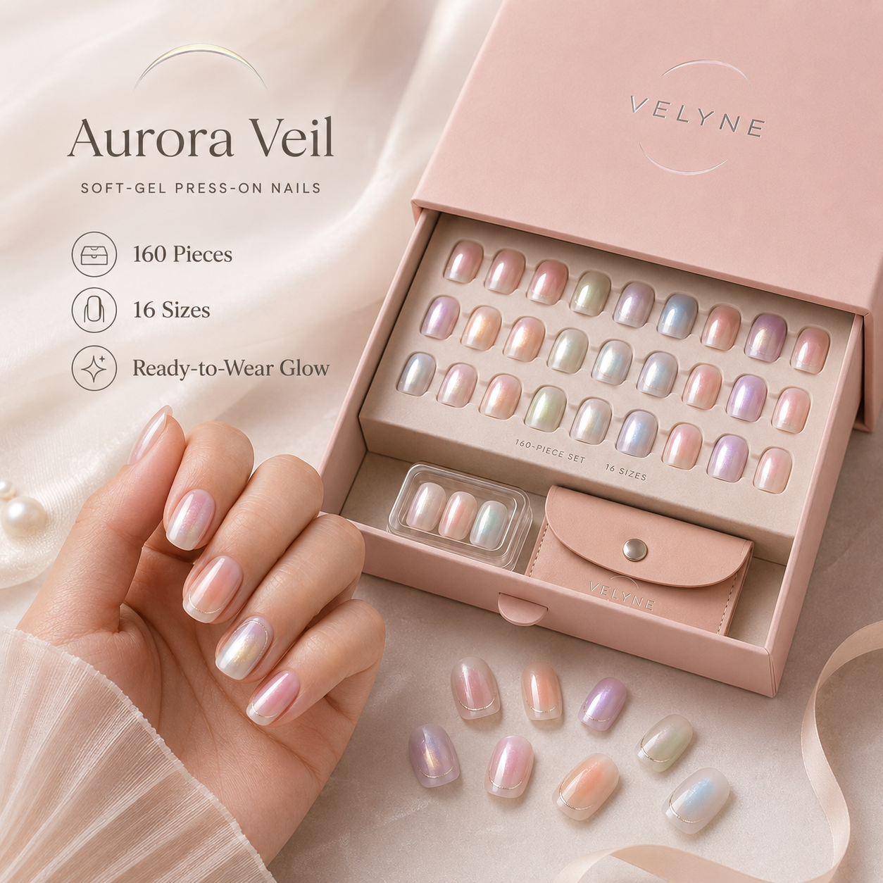 Aurora Veil Iridescent-Glow Soft-Gel Press-On Nails