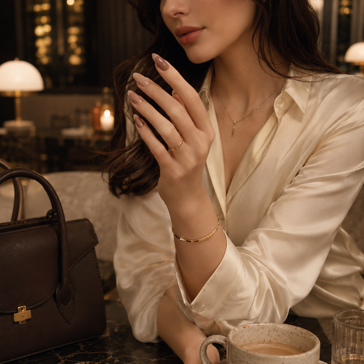 Sheer cocoa tones, porcelain accents and delicate champagne framing.