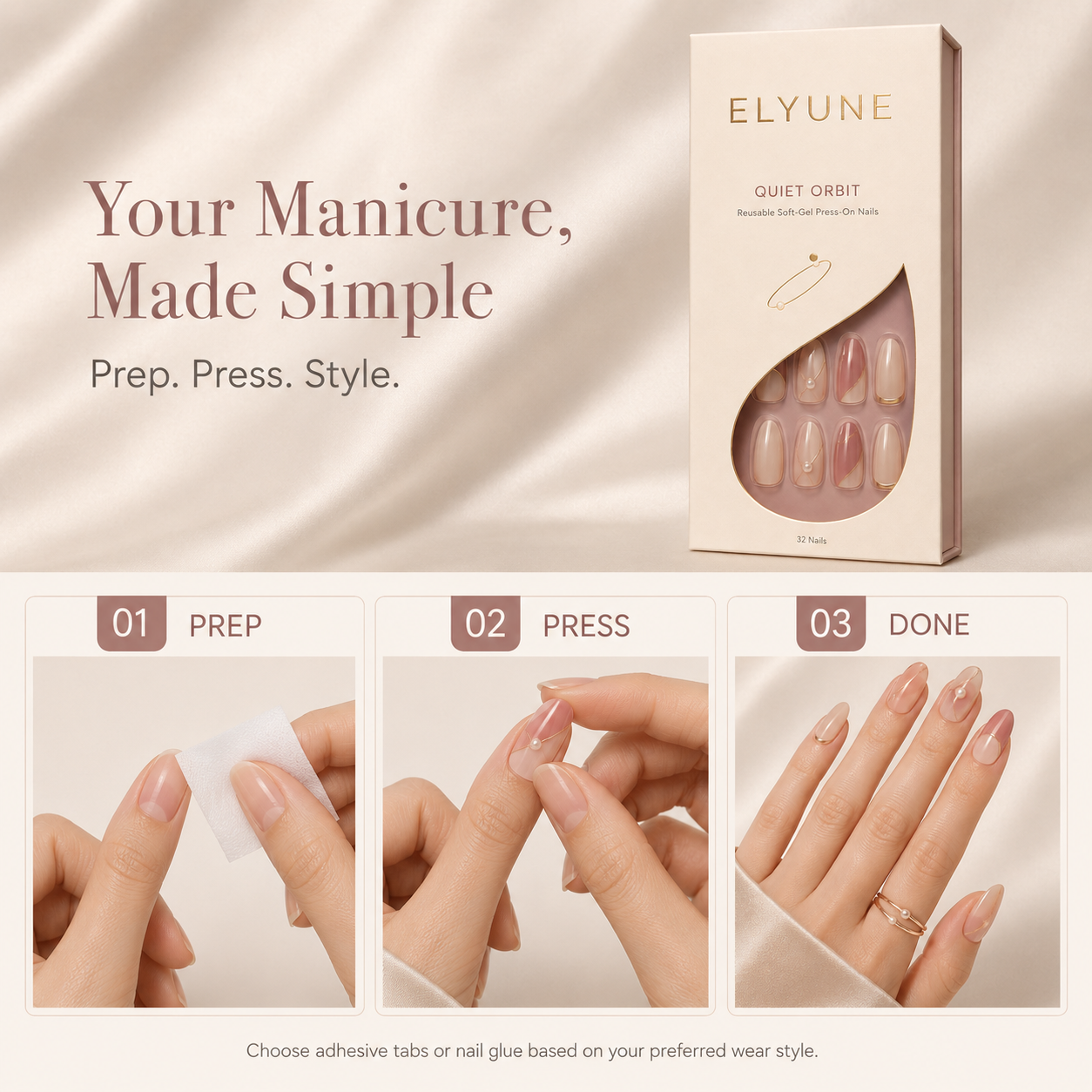 Soft-gel press-ons with delicate pearl and champagne orbit details.